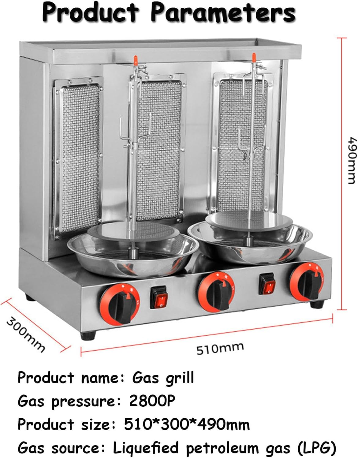 Shawarma Doner Kebab Machine Electric Kebab Grill Vertical Broiler Gyro Meat Rotisserie with Burners Temperature Adjustment for Commercial Home Kitchen,Black