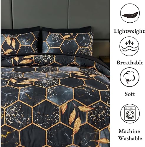 Miniatura 6 de ANGIYUIN Juego de edredón negro tamaño King, edredón geométrico, 7 piezas, estampado de papel de aluminio, juego de ropa de cama en una bolsa, juego