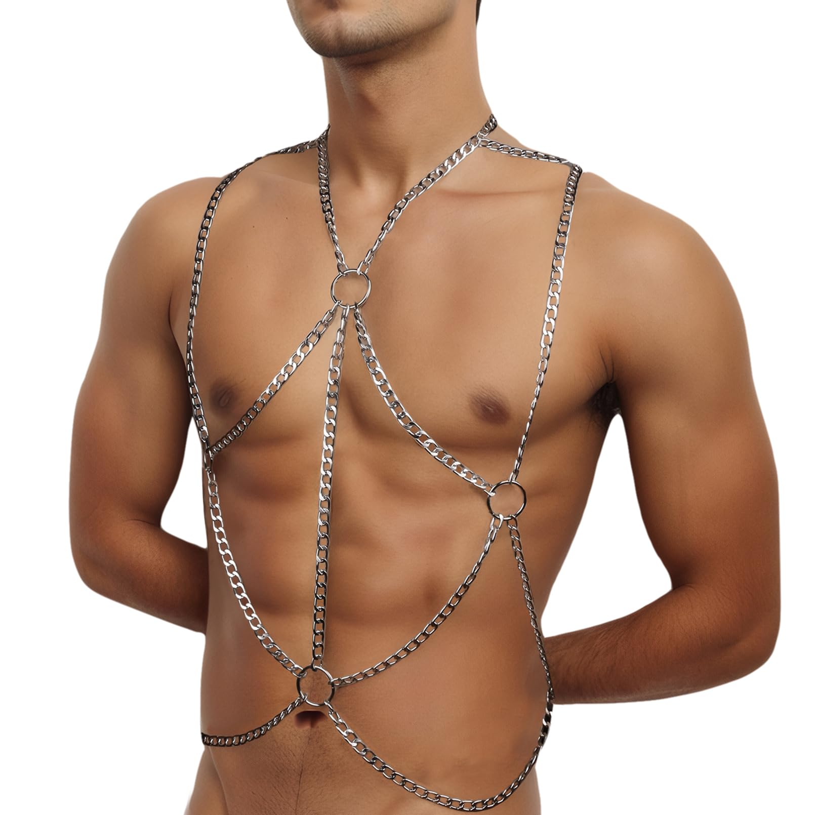 Pettorina regolabile in argento da uomo, con catena in metallo, costume punk per spettacoli muscolari, abbigliamento alla moda per cosplay, spettacoli teatrali, feste notturne, festival