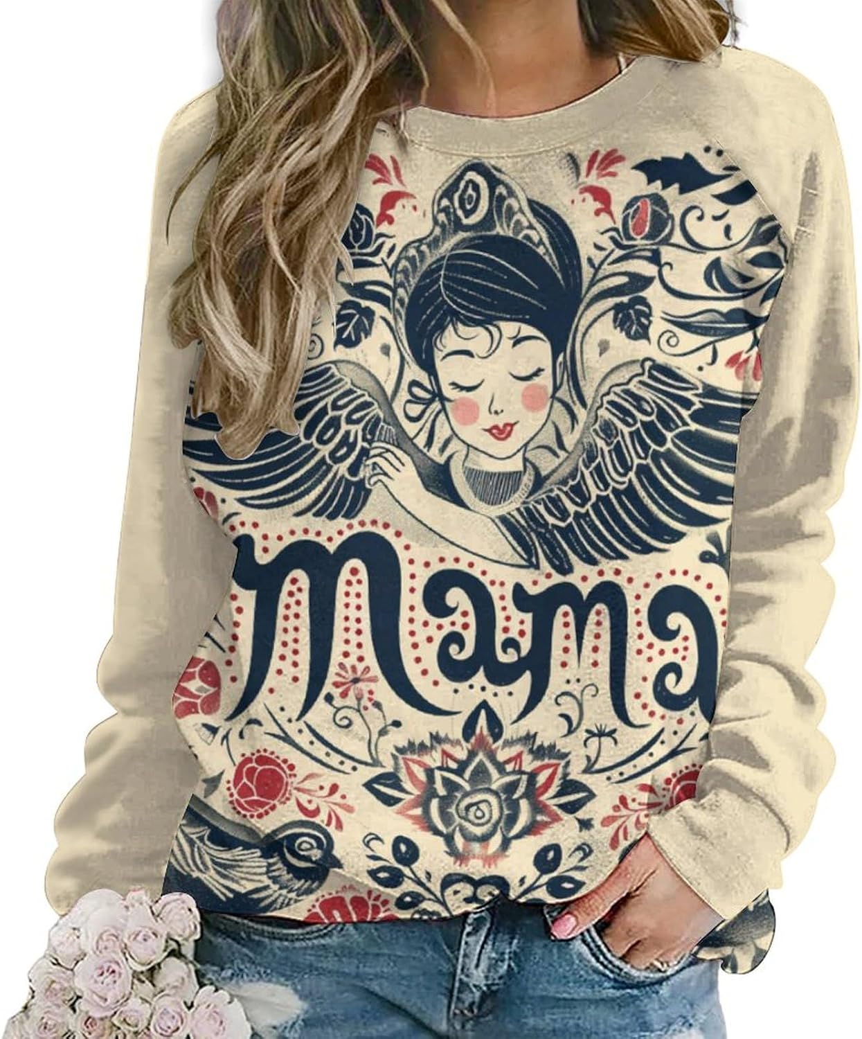 MARSVOVO Women Long Sleeve Mama Sweatshirts Casual Crew Neck Cute Plus Size Pullover Loose Lightweight Blouse Tops