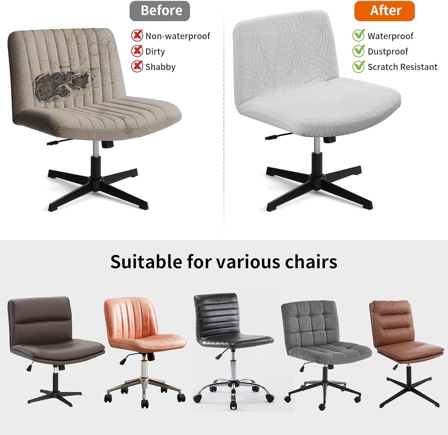 Fuloon Criss Cross Chair Cover, Waterproof, Stretchable, Solid Jacquard, Suited for Armless/Office/Desk/Mid Back Wide Seat/Computer/Task/Vanity/Accent Chair (Leaves -Shaped Jacquard, Light Grey)