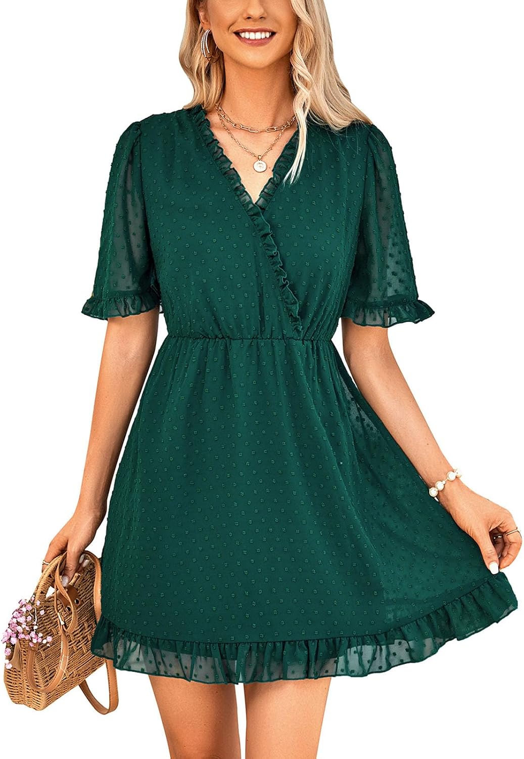 [ESYEM] 女性のVネック半袖ソリッドカラースウィートドレス,Green,S