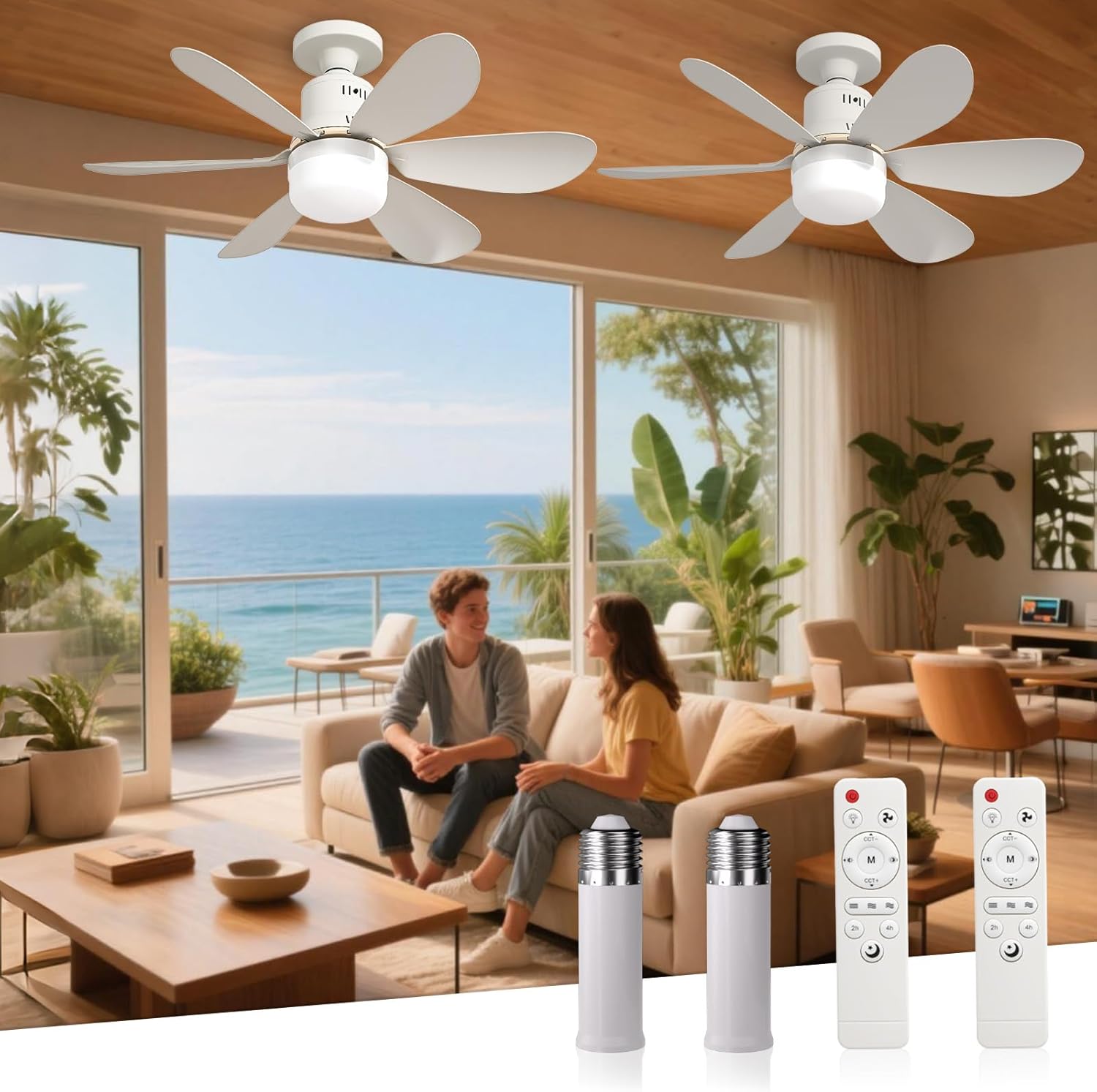 2 Pack Socket Fan Light with Remote - 20'' Small Ceiling Fans with Lights, 2200 Lumens Dimmable Led Bulb, 3 Colors 3000K-6500K, Easy Install Screw in E26 Base for Bedroom Living Room Kitchen Garage
