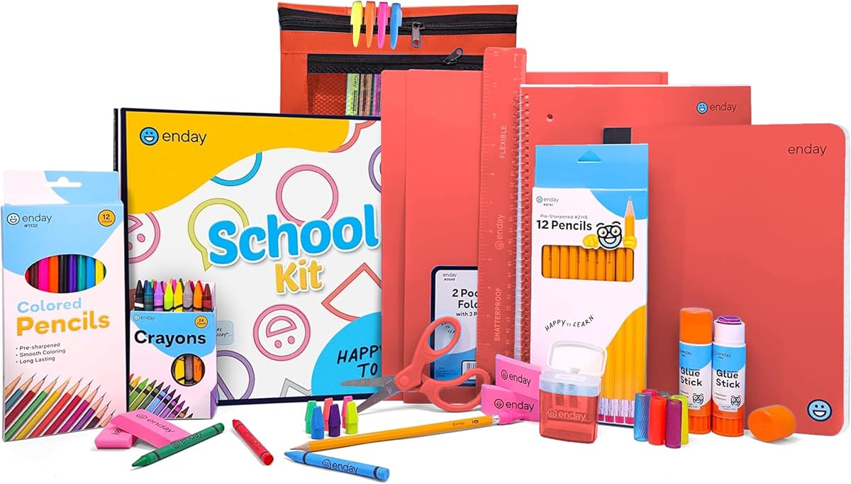 Enday Suministros de regreso a la escuela para niños, caja de útiles escolares grados K-5 (rojo, 1 kit) | Kit de útiles escolares para niños de primera calidad, útiles escolares para jardín de infantes para niñas y niños, juego de 78 piezas