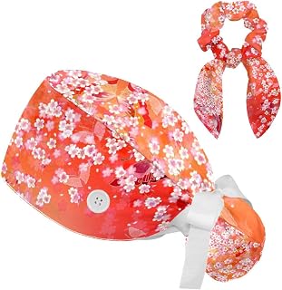 2 Pieces Surgical Cap for Long Hair Scrub Cap with Hairband Nurse Cap, Japanese Style Flower and Butterfly