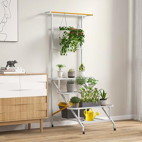 Miniatura 9 de Giantex Soporte colgante para plantas de interior, escalera de metal de 3 niveles con barra para colgar, enrejado, estante de rejilla, soporte alto