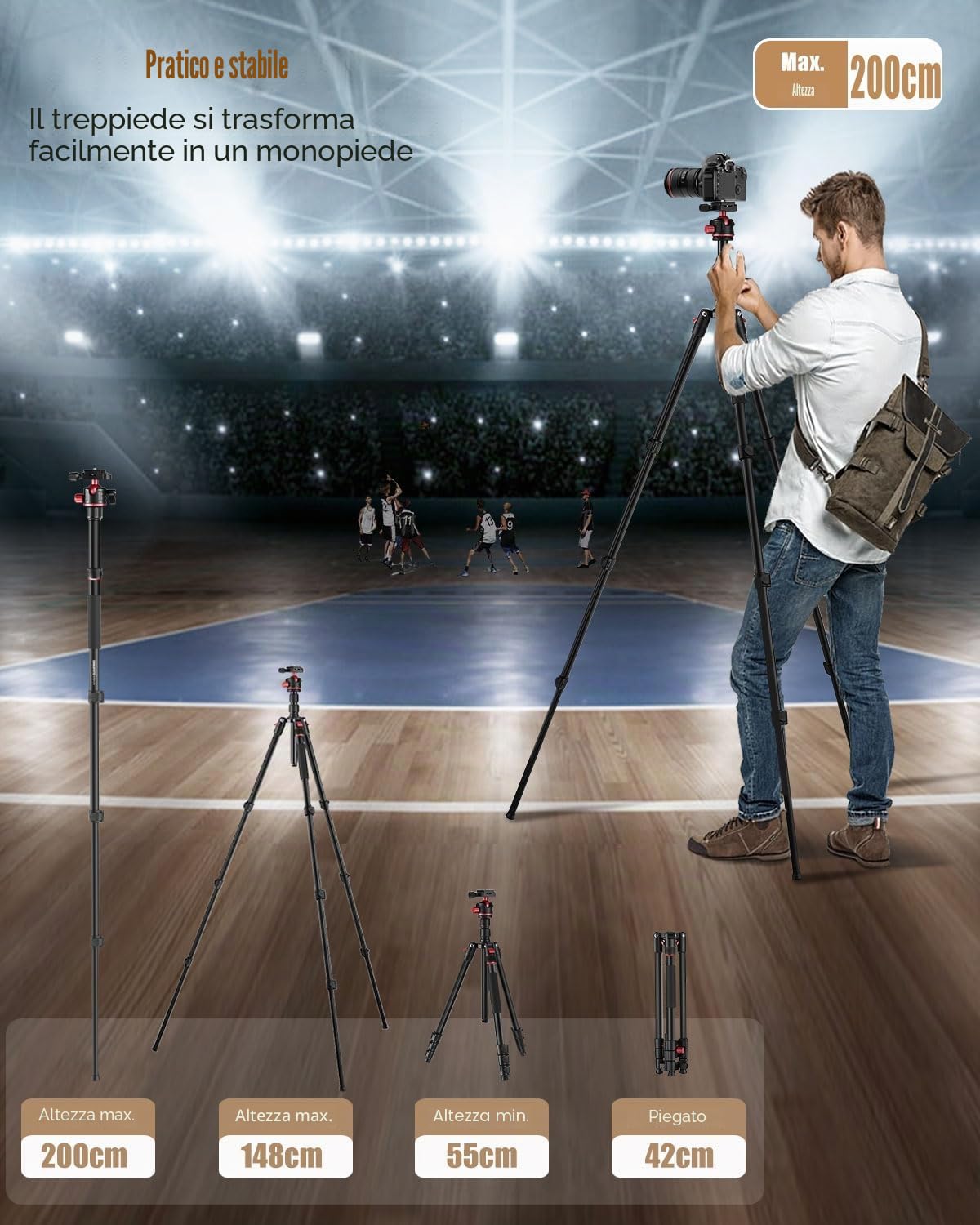 CAMBOFOTO Treppiede Fotocamera 200cm, Testa a Sfera 360°, Treppiede Professionale in Alluminio e Monopiede con Borsa, (Peso 1,5 kg, Capacità di Carico 6,8 kg)