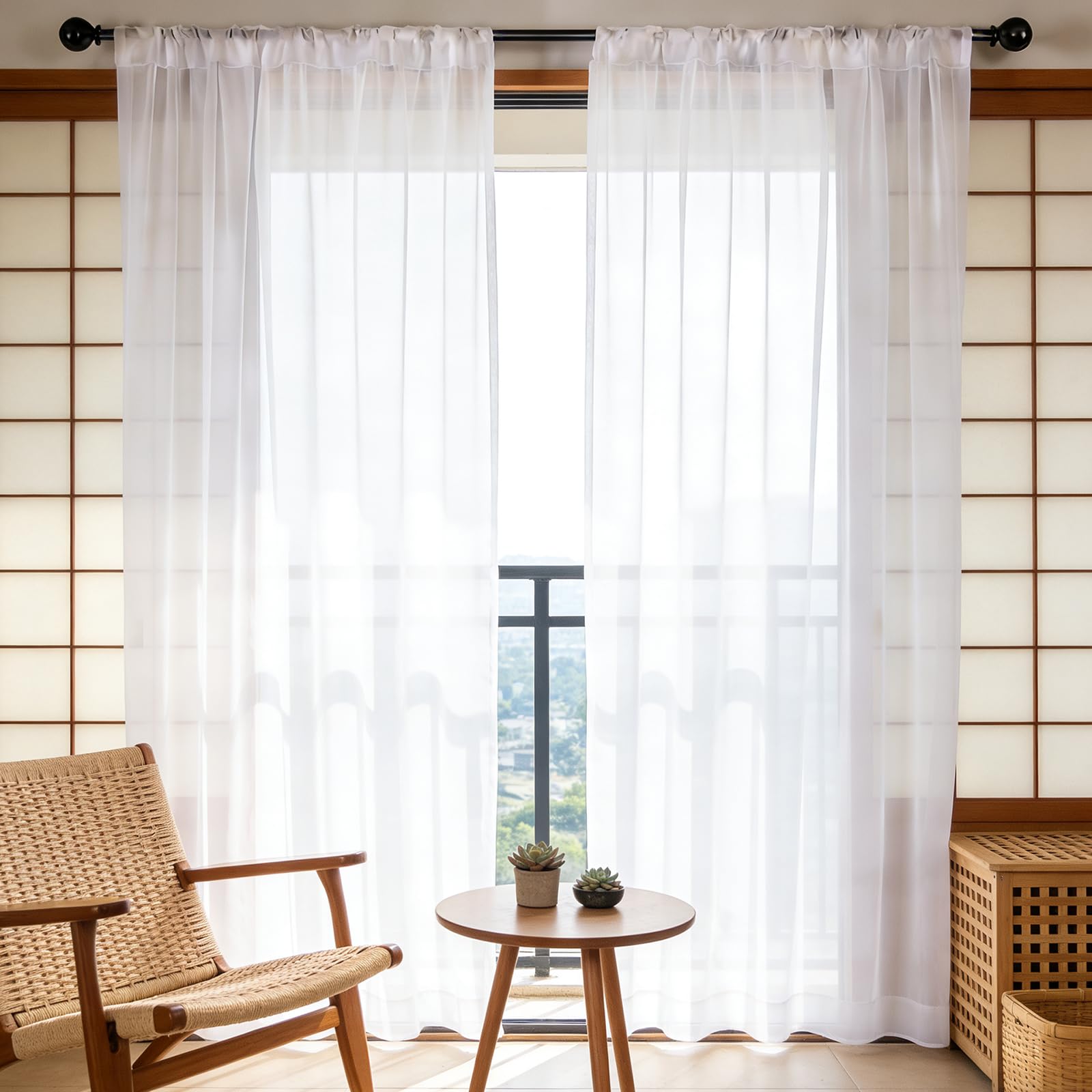 Voile Vorhänge 230 x 205 cm mit Kräuselband, Halbtransparent, Lichtdurchlässig, mit Ösen in Leinenoptik, Luftig Und Langlebig, Übergardinen Transparente für Jedes Fenster, Weiß