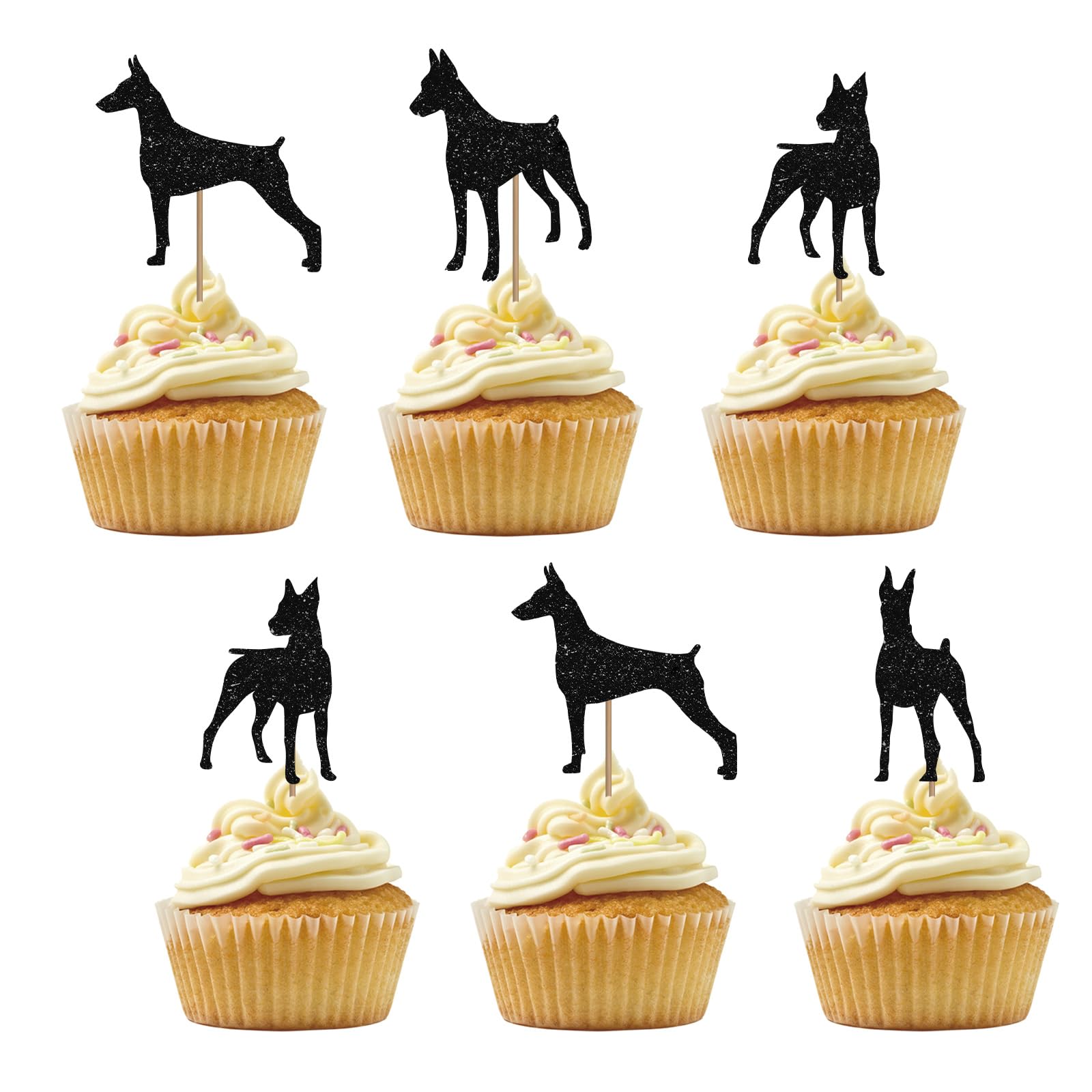 Set of 24 Doberman Cupcake Toppers, Dog Birthday Cupcake Toppers, Black Glitter Pet Dog Puppy Cupcake Picks for Kids Birthday, Let's Pawty Doberman Themed Party Supplies
