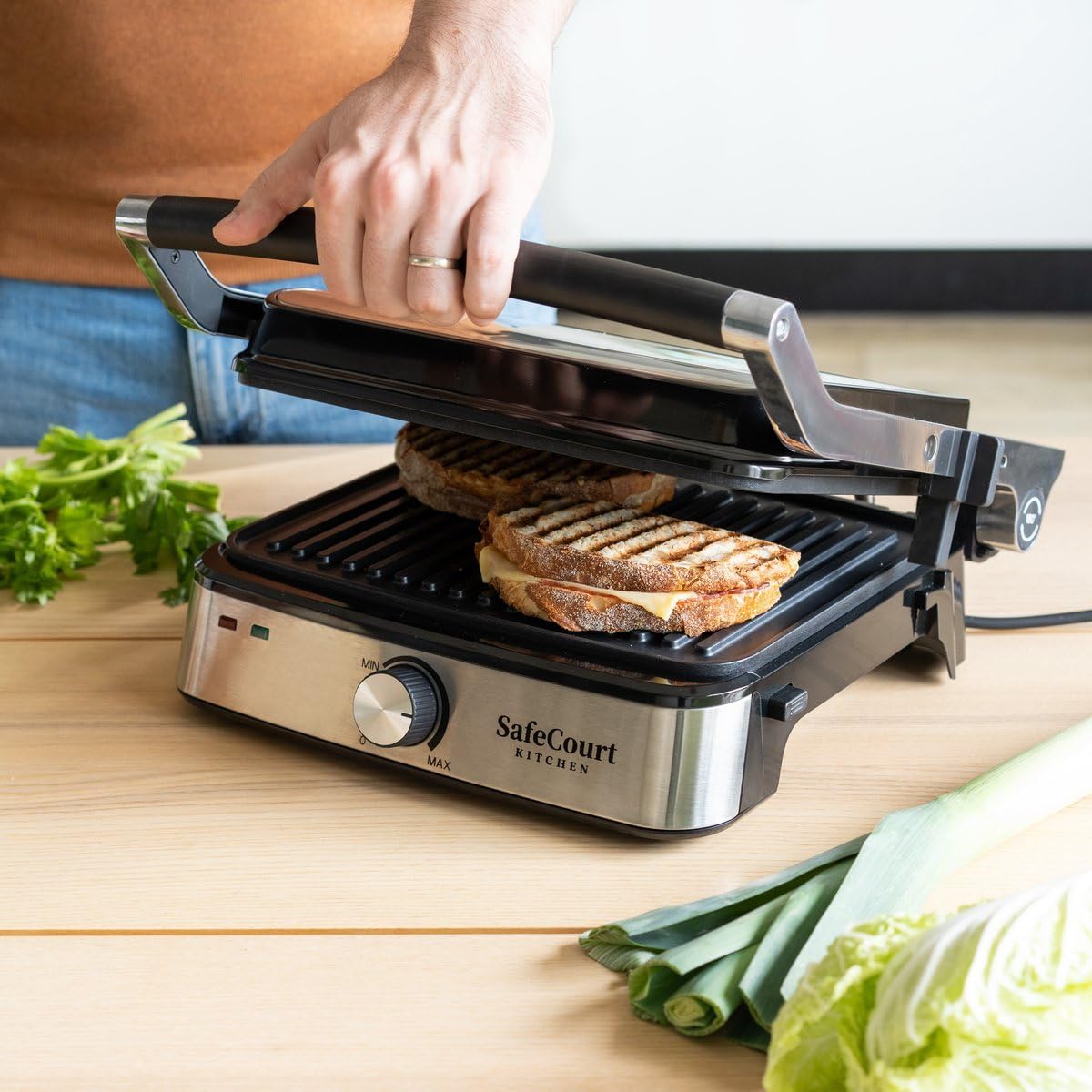 Safecourt Kitchen CG200 Contact Grill open 180 degrees with food