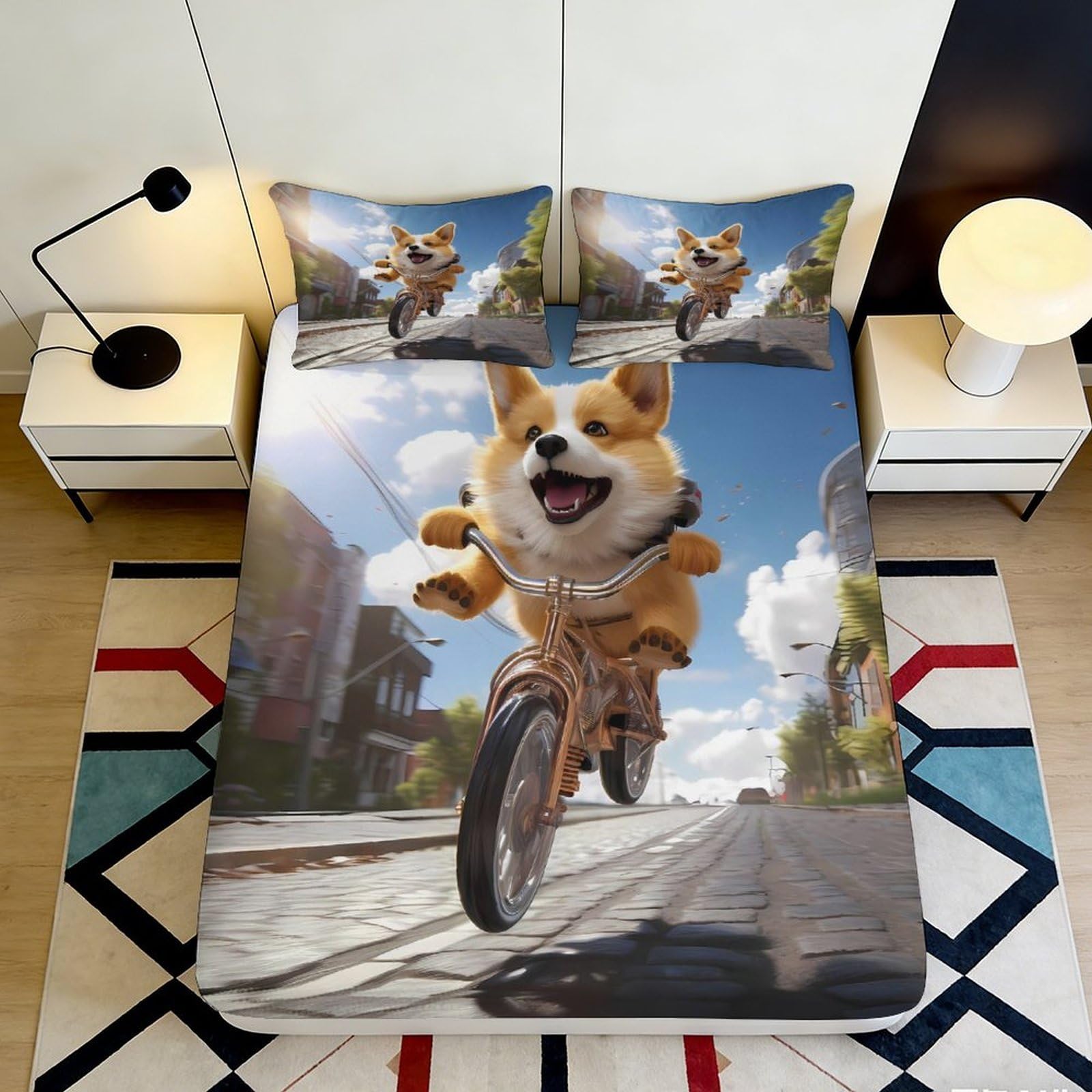 Kzqnxhjprl Style-5 3D Printed Corgi Riding Bike Fitted Sheet Microfiber Soft Cartoon Animal Bed Cover For Bedroom Dorm Mattress Decor 90X200x25cm