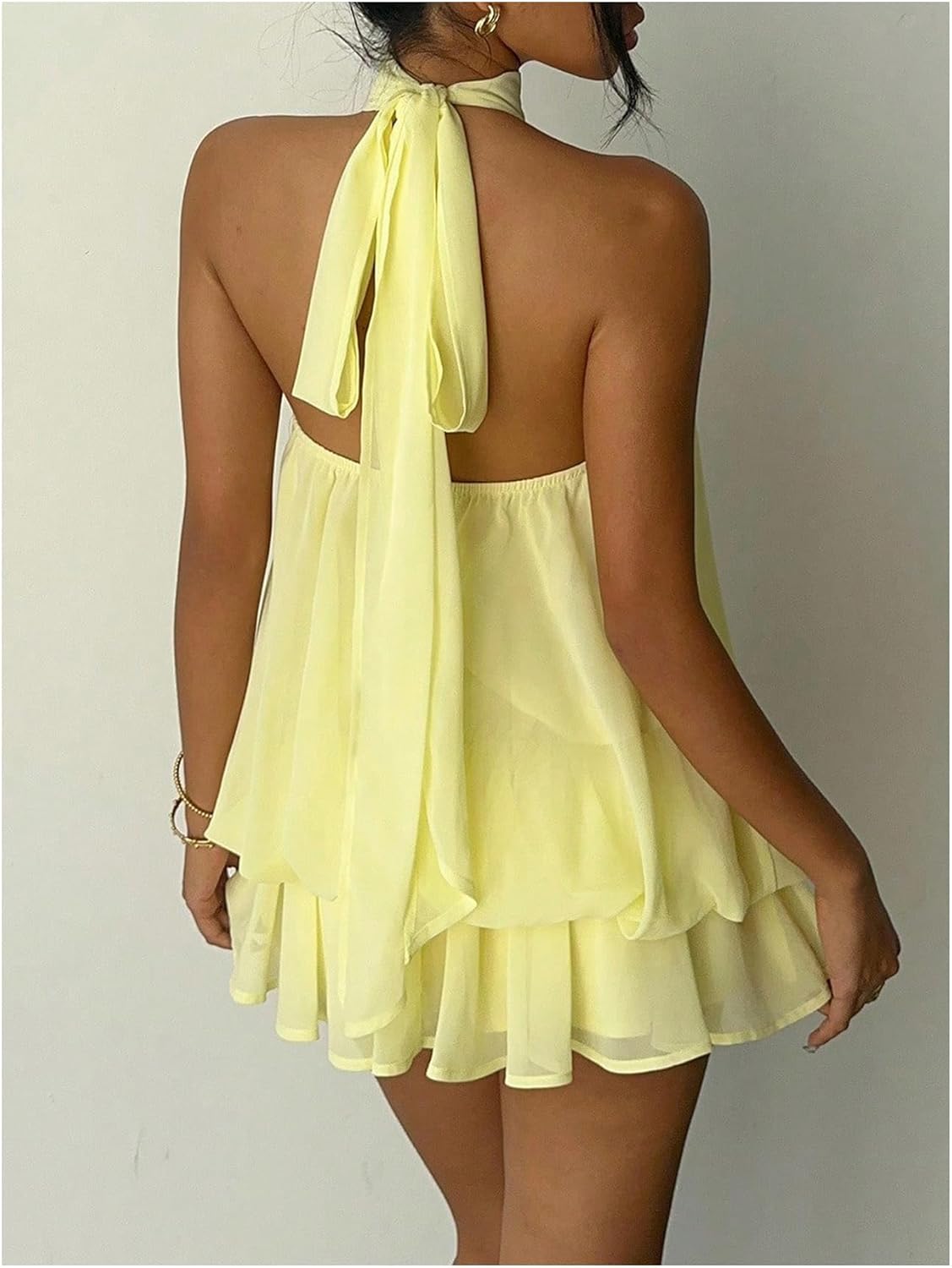 GORGLITTER Women's Halter Ruffle Mini Dress Sleeveless Open Back Chiffon Pleated A Line Wedding Guest Going Out Dresses - Image 3