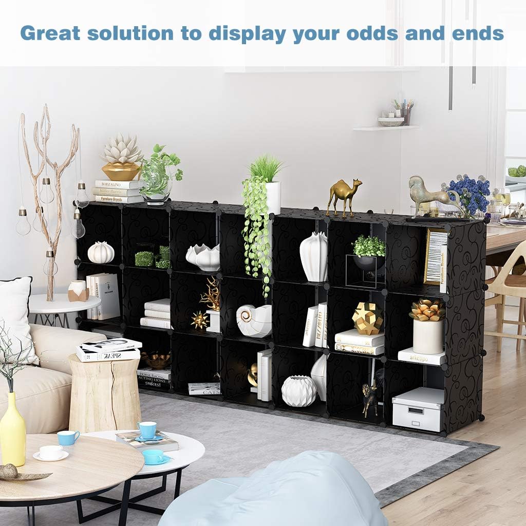 LANGRIA 25-Cube Storage Organizer Large Black DIY Stackable Easy Assemble Plastic Steel Frame Decorative Modular Clutter-Free Closet Rack Yarn Stash Wardrobe for Homes, Living Rooms, and Gardens