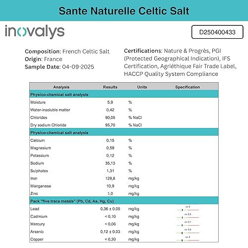 Miniatura 2 de Sante Naturelle Sal Celtic Grey Gruesa  1.1lb (18oz) Sal marina francesa sin refinar orgánica, rica en más de 82 minerales, sal 100% natural y