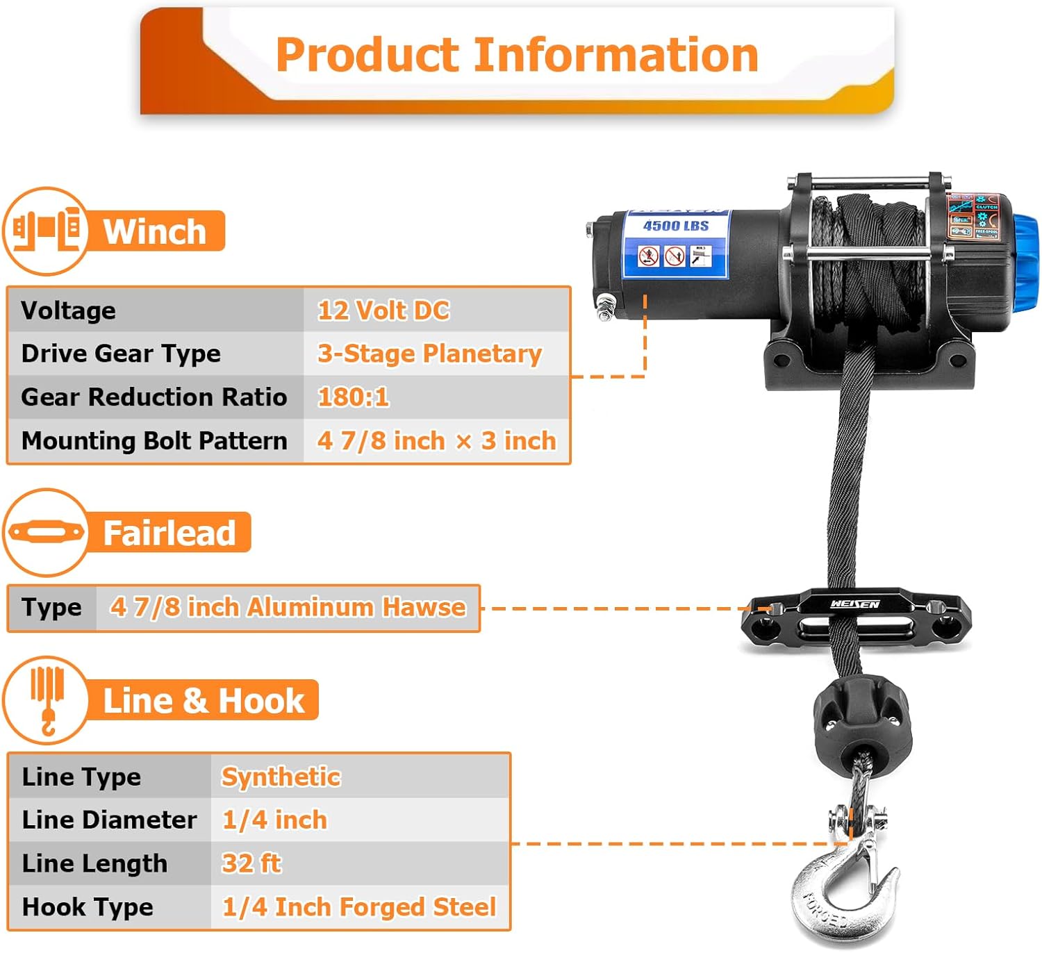 WeiSen 4500lb Electric Winch Kit with Rocker Switch and Winch Mount Compatible with Polaris RZR 900 1000 XP Turbo General 2014-2019, w/ 32ft Synthetic Line Hawse Fairlead Hook & Stopper