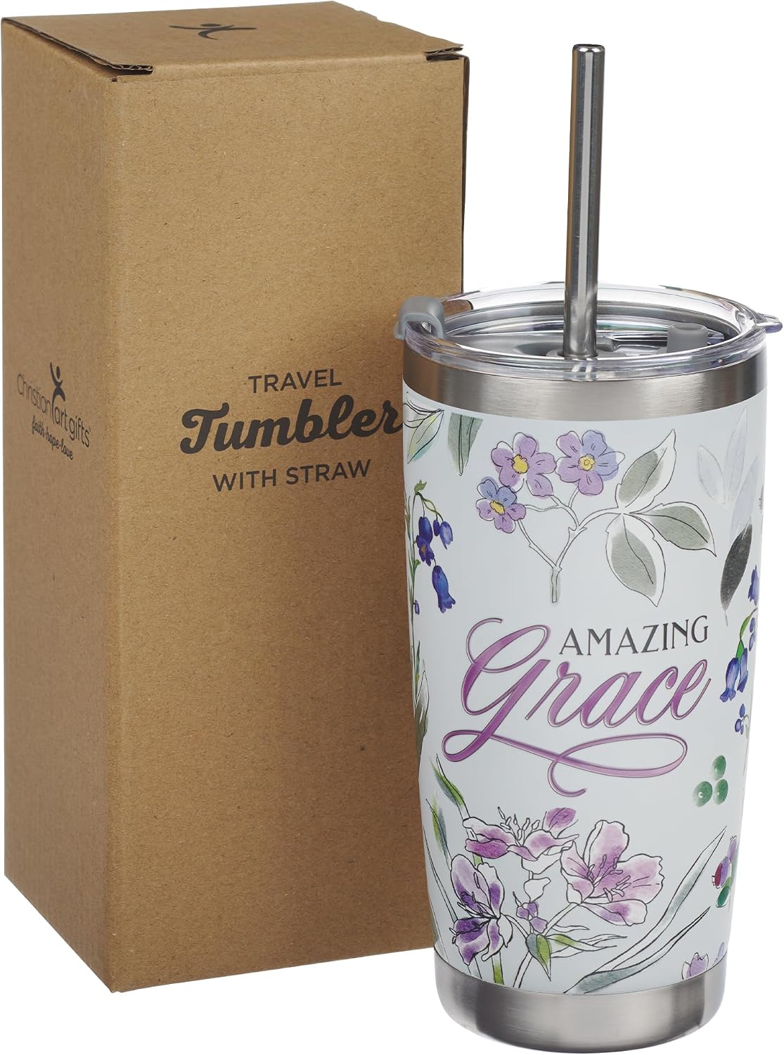 Christian Art Gifts Reusable Stainless Steel Travel Mug Tumbler w/Straw for Women: Amazing Grace, Cute Inspirational Double Wall Vacuum Insulated, Pop-up Lid, Hot/Cold, White & Purple Floral, 18 oz.