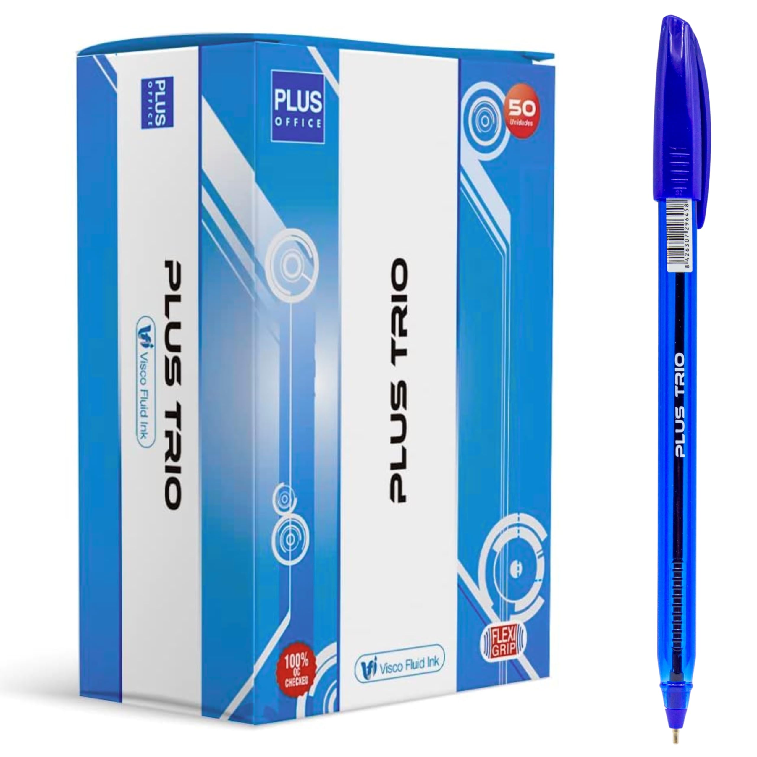Plus Office - Bolígrafos PLUS Trio Pack de 50 Bolígrafos con Capuchón, Tinta fluida Viscosa, Óptimo para uso de oficina, casa y escolar, Color Azul, y Trazo de 0,7 mm (50 Azules)