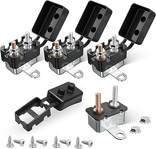 RED WOLF (30A 4PCS) DC 6V-50V Automatic Reset Circuit Breaker #10-32 Studs with Metal Fuse Housing Pre-Trimmed Cover Reusable for Trolling Motor Marine ATV Boat RV Automotive Battery Solar System