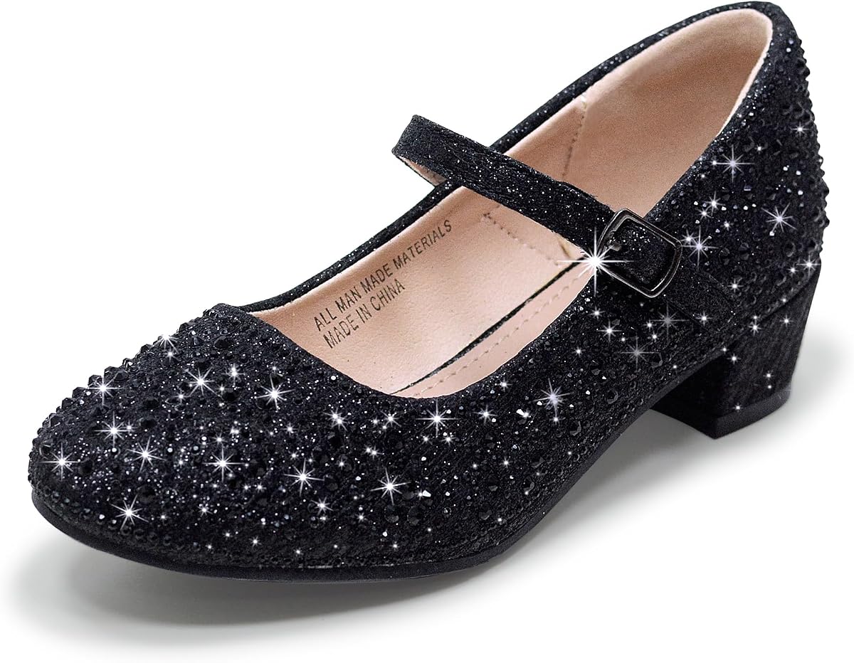 Girls Dress Shoes Sparkly Low Heel Rhinestone Mary Jane Shoes