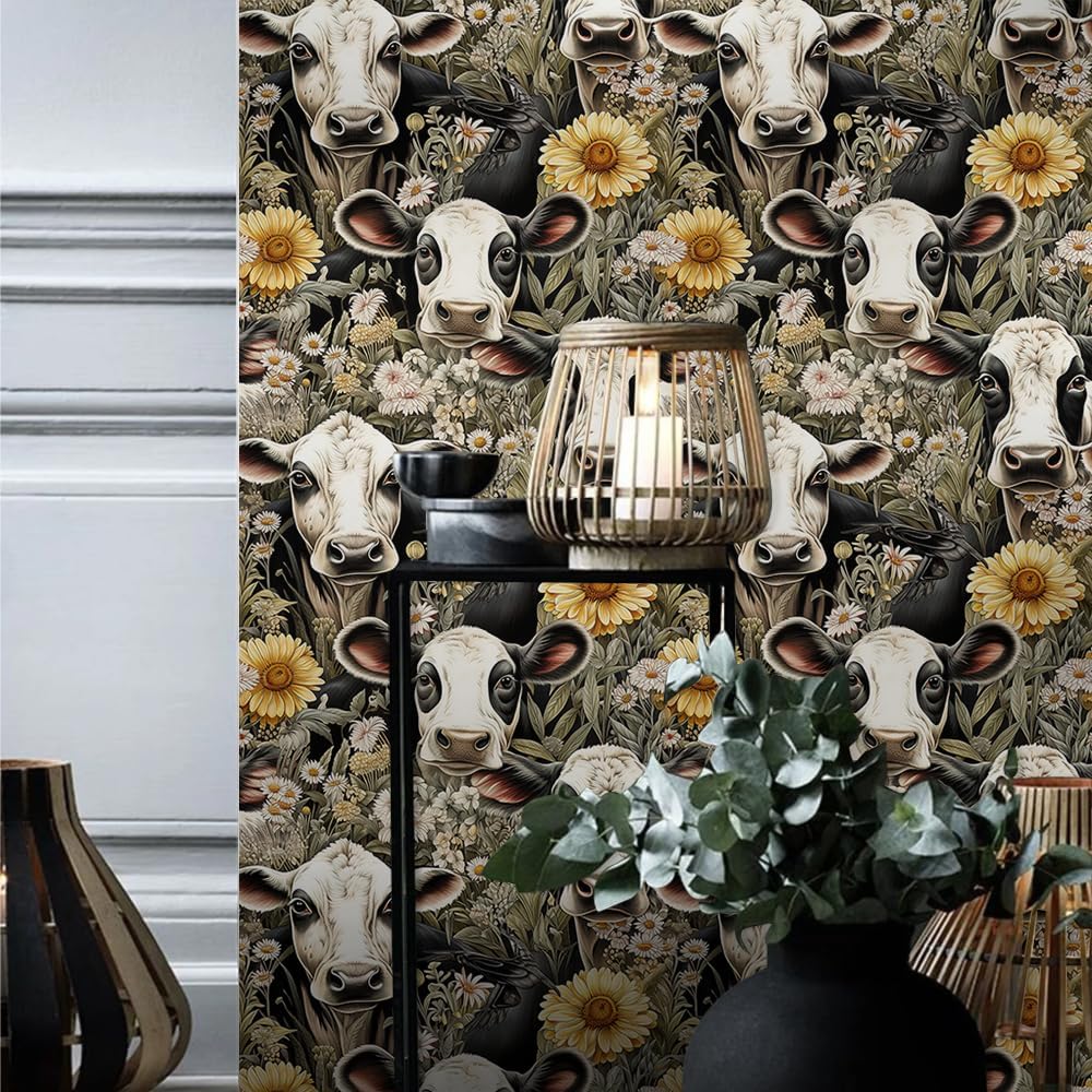 18"x236" Boho Farm Sunflower Cow Animals Peel and Stick Self Adhesive Wallpaper Removable Contact Paper Stick on Easy Peel Off Wall Paper for Kitchen Bedroom Bathroom Renter