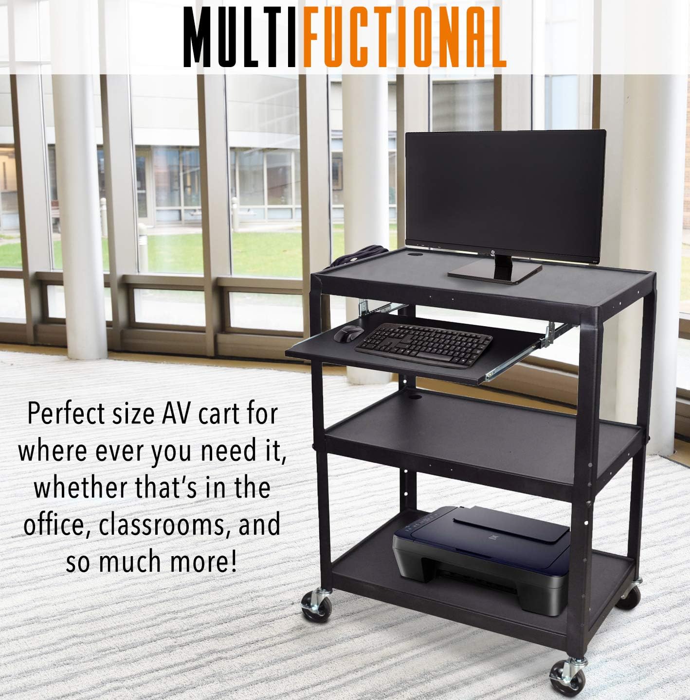 Line Leader Extra Wide AV Cart with Lockable Wheels - Adjustable Shelf Height - Includes Pullout Keyboard Tray and Cord Management (42 x 32 x 20 / Black) : Office Products