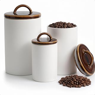 Ceramic Kitchen Canisters for Countertop Set of 3 w/ Airtight Ceramic Lids | Thick Sturdy Ceramic, Airtight Rubber-Lined Lids, Comfortable Ceramic Handles, Jar Volumes: 2, 1, 0.5 quarts