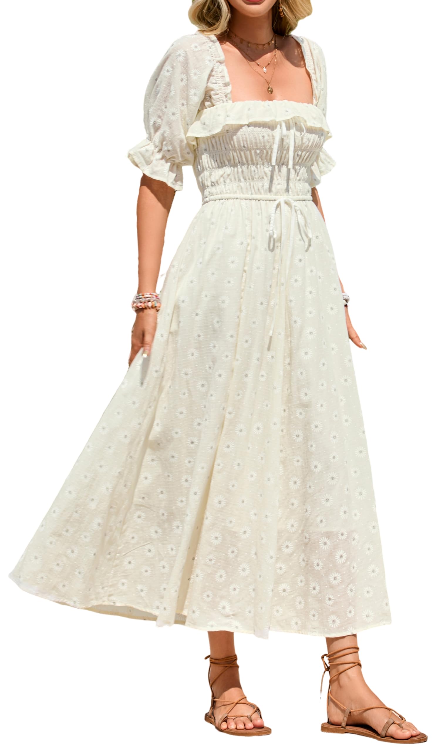R.Vivimos Women Summer Cotton A Line Flowy Long Dresses | Half Sleeve, Ruffled, Vintage Elegant, Smocked Backless Dress, Maternity Shoot, Baby Shower, Casual Vacation Outfits