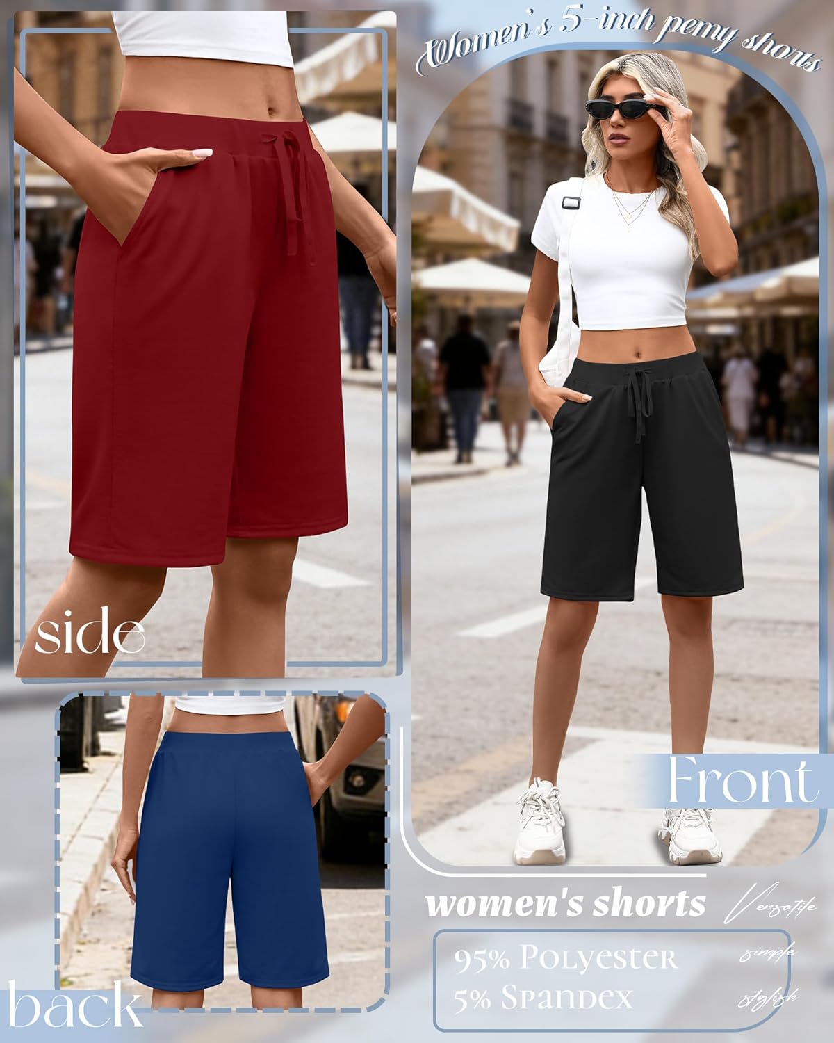 Neer 3 Pack Women's Bermuda Shorts Drawstring Elastic High Waisted Athletic Long Sweat Shorts Knee Length with Pockets - Image 5