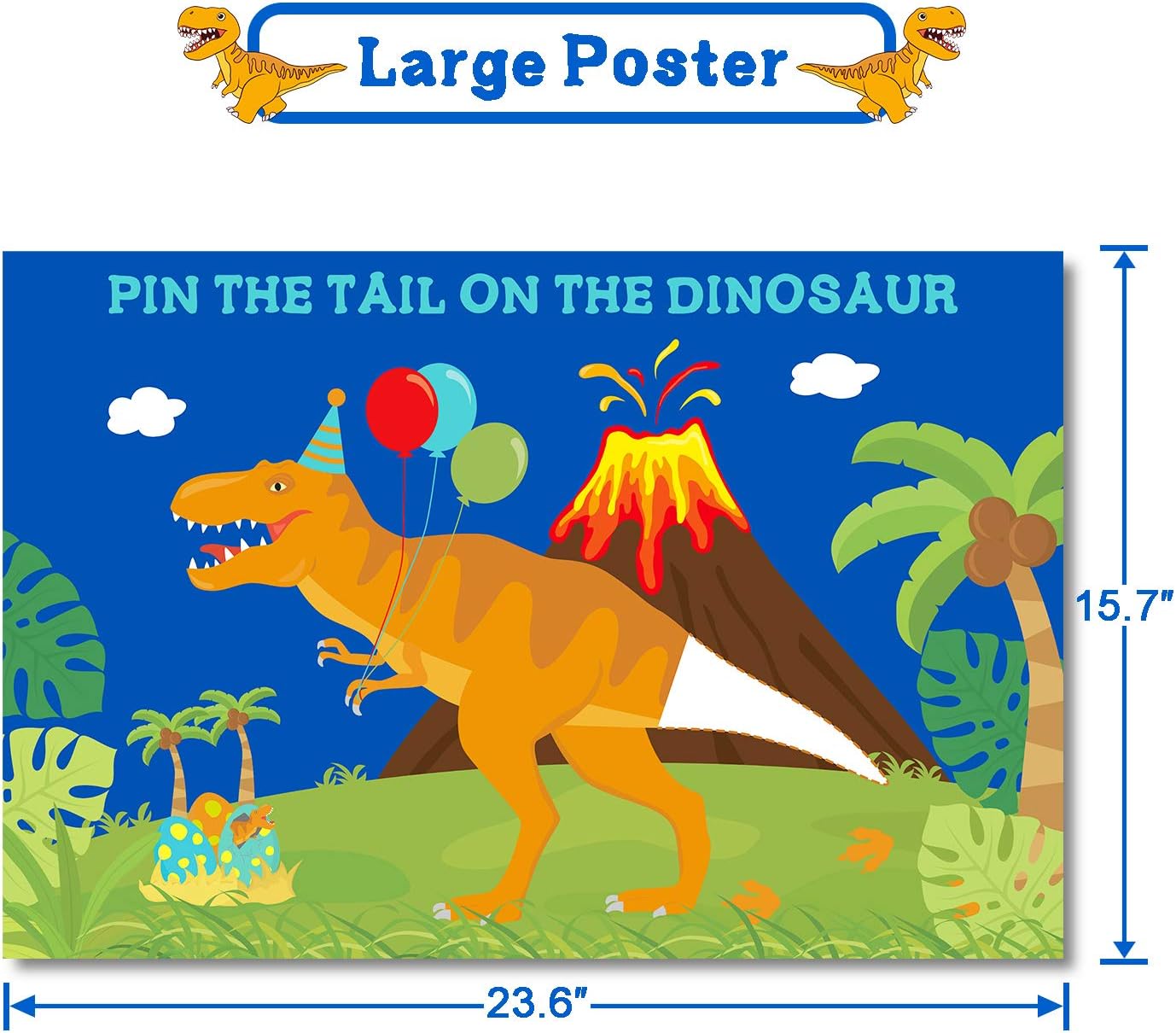 Pin The Tail On The Dinosaur Game, Large Poster Reusable Sticker Blindfold Photo Props Decoration, T-Rex Kids Birthday Roar Party Ideas