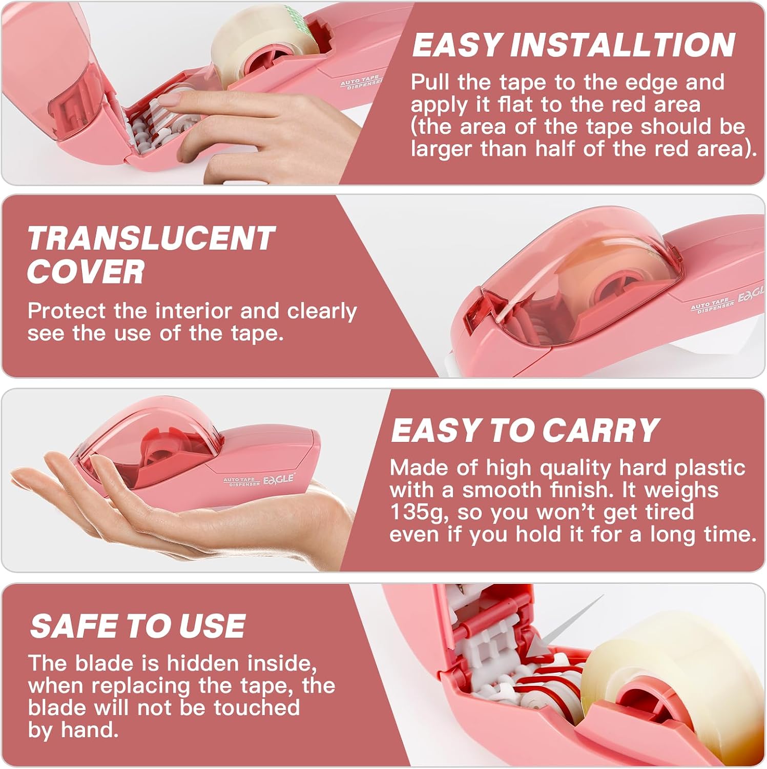 Eagle Automatic Tape Dispenser, Handheld & Portable Design, Office Tape Gun, One-Handed Operation with Safety Blade for Office, Home, DIY or Packaging (Includes 2 Free Tapes)（Flamingo Pink） image 5