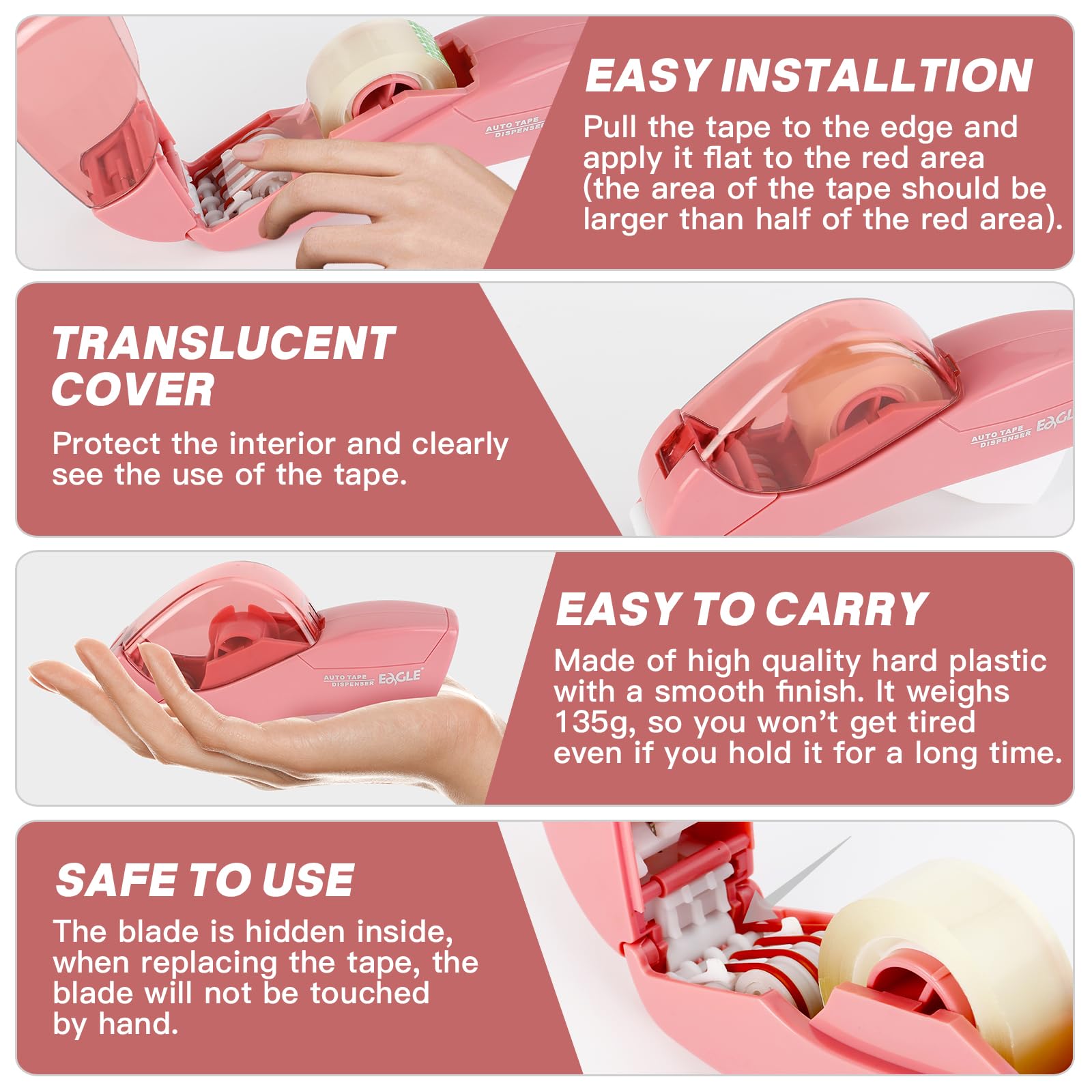 Eagle Automatic Tape Dispenser and Tape Gun with 1 roll 1/2 inch(12mm) and 1 roll 3/4inch (19mm) Tape (Pink) - Image 3