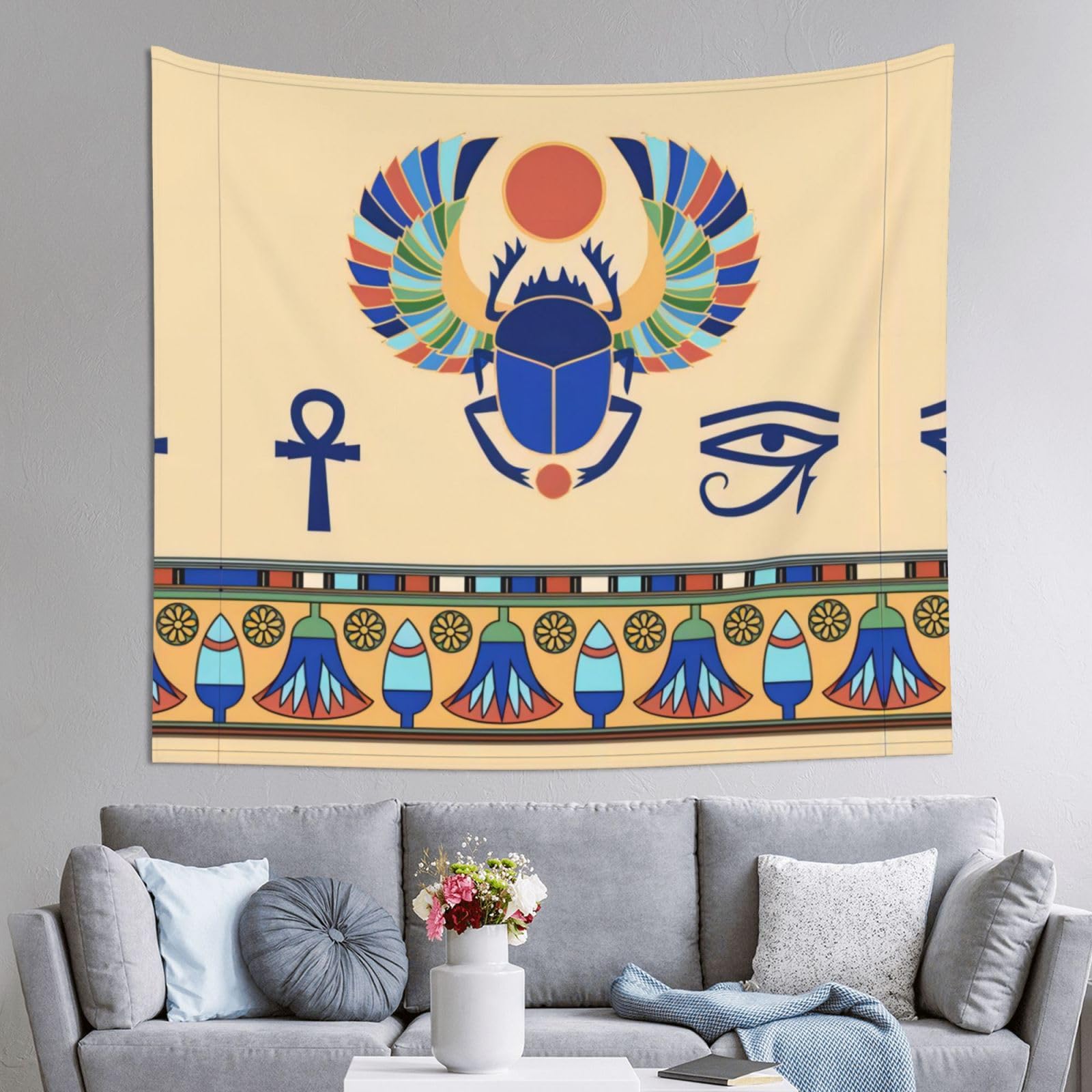 HLSBSSL 60x51in Egyptian Scarab Printed Tapestry Tablecloth for Dormitory and Picnic Rooms - Multifunctional Fabric Hanging