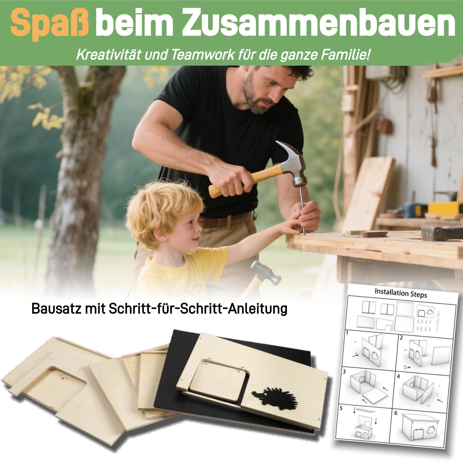 Igelhaus Holz Groß mit Rattenklappe, Boden und Labyrintheingang | Igelhotel für Kleintiere zum Winterschlafen, Nisten und Sommerunterschlupf, Winterfest und Robust, Bausatz Set