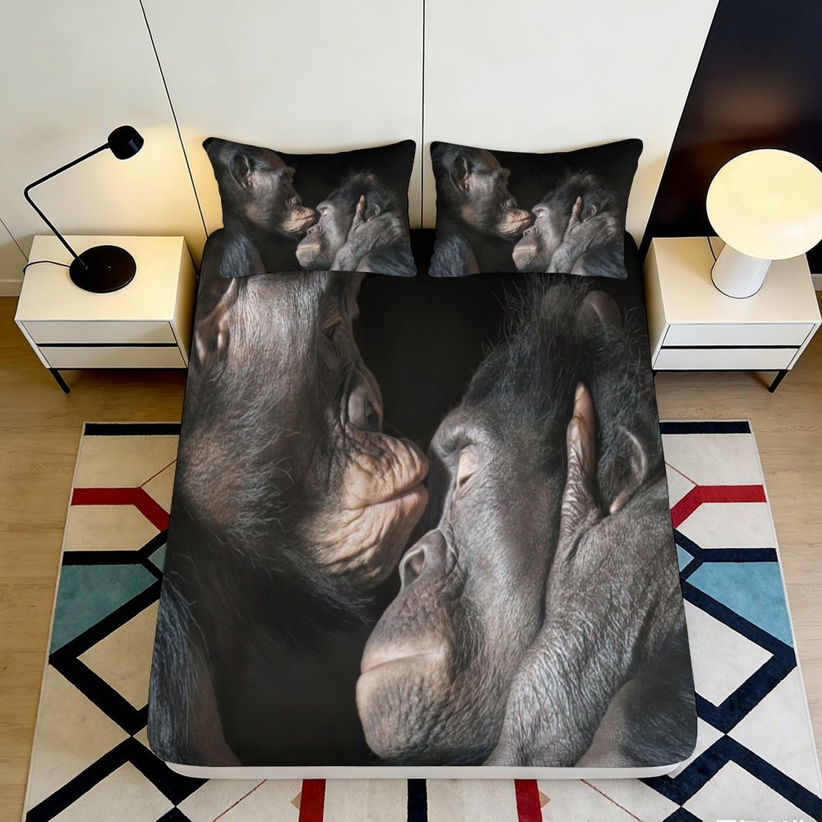 3D Printed Chimpanzee Fitted Sheet Microfiber Soft Breathable Gorilla Bed Cover for Bedroom Dormitory Guest Room Mattress Protection Decor 180x200x25cm