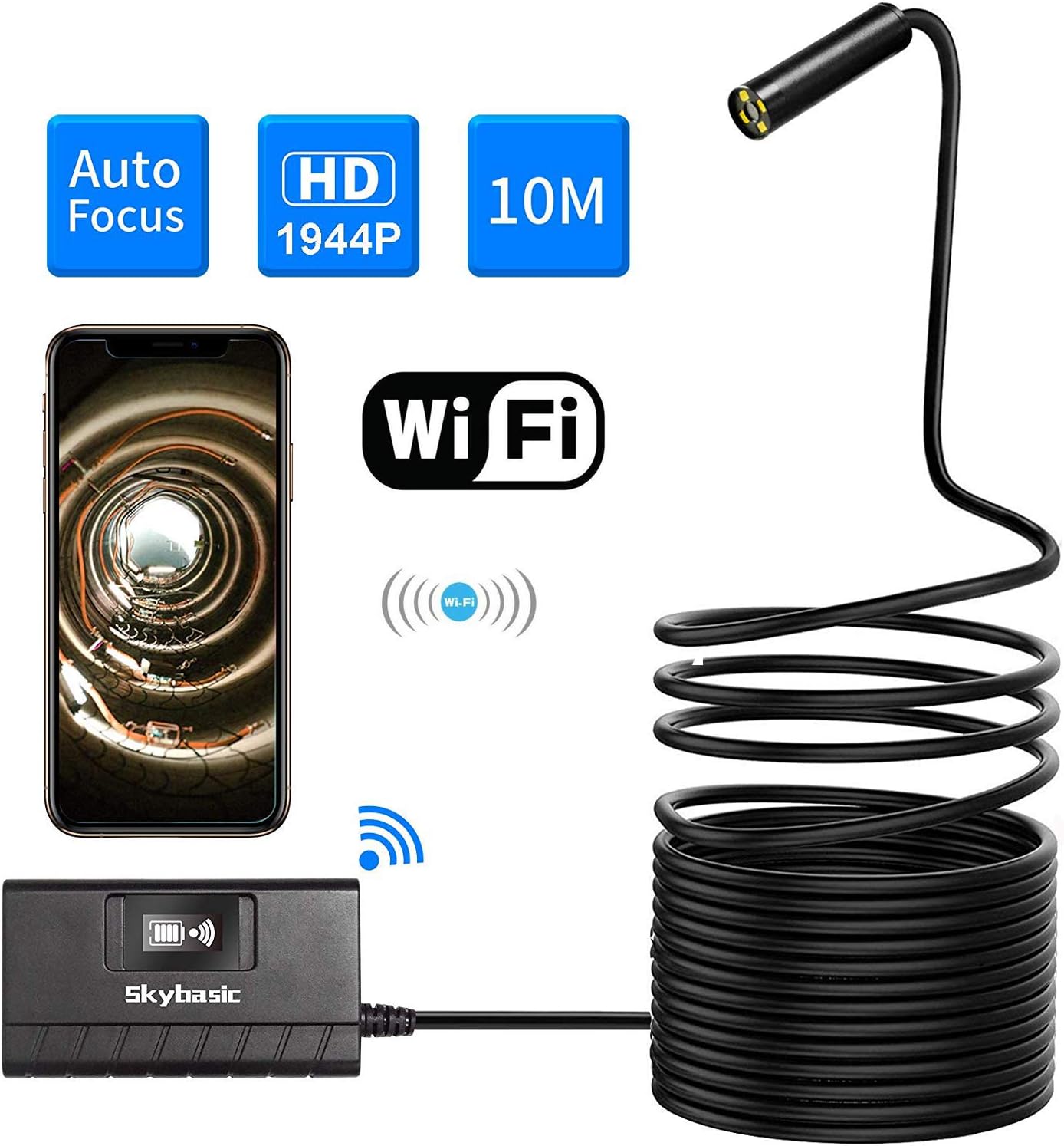 Wireless Endoscope, SKYBASIC Auto Focus 5.0 Megapixels 1944P FHD WiFi Borescope, Semi-Rigid IP68 Waterproof Inspection Camera, Snake Camera for Android and iOS Smartphone,Tablet(33FT)