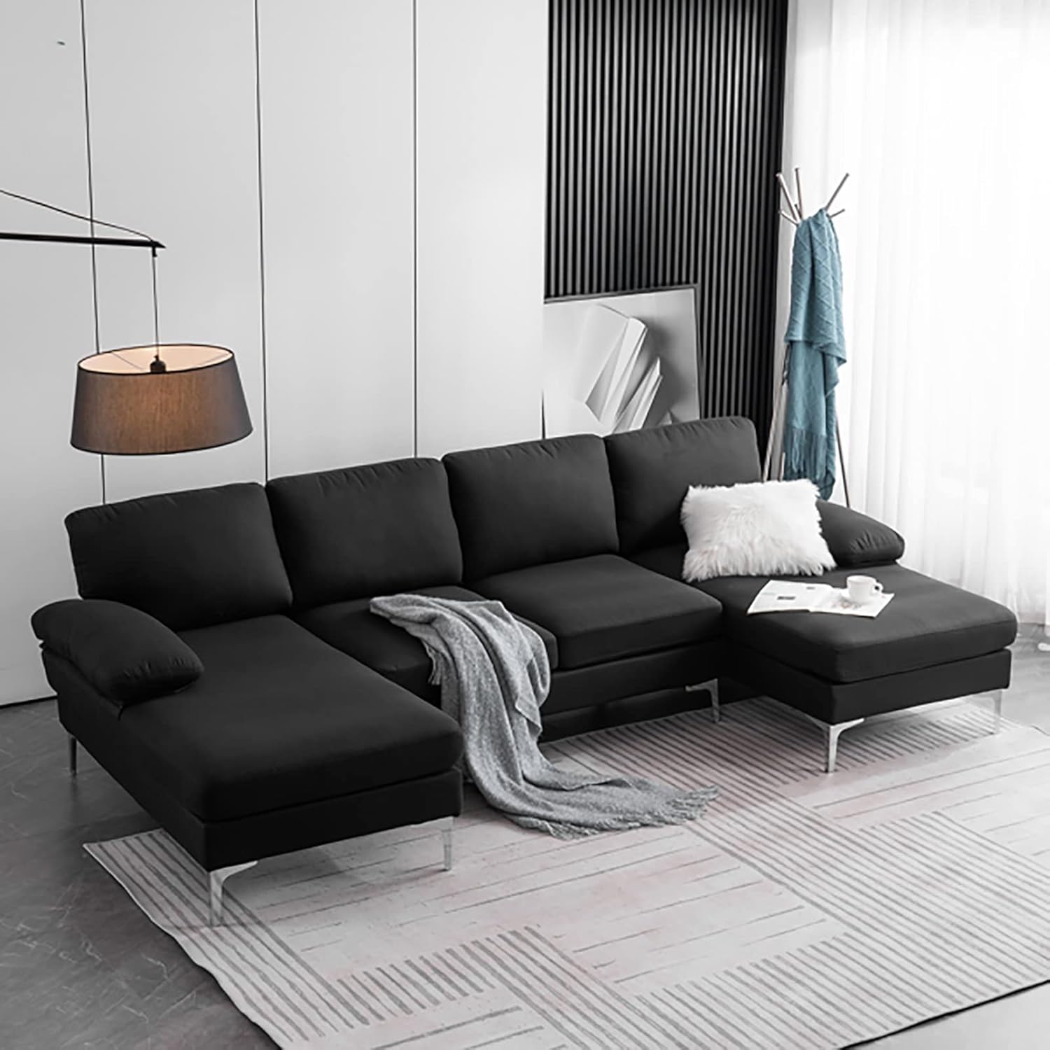 L Shape Modern Linen Sofa 4 Seats Sofa Sectional Living Room Sofa,with Convertible Ottoman Chaise for Living Room L110'' x W55.5'' x H35'',Black : Home & Kitchen