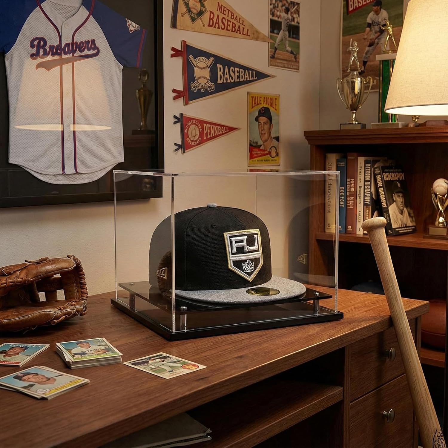 WANLIAN Clear Hat Display Case,Self-Assembly Acrylic Baseball Cap Holder Stand with Stainless Steel Risers, Perfect for Sports Caps & Mini Helmets (Assembly Required) - Image 6