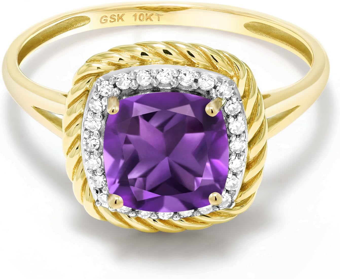 Gem Stone King 10K Yellow Gold Gemstone Birthstone and White Diamond Engagement Ring | Cushion 7MM | Wedding Engagement Anniversary Promise Gold Ring For Women