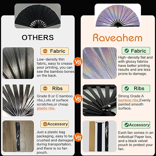 Miniatura 6 de Ventilador grande para rave, ventilador de mano plegable Clack con tela de primera calidad, marco de bambú grueso para hombres y mujeres, regalo