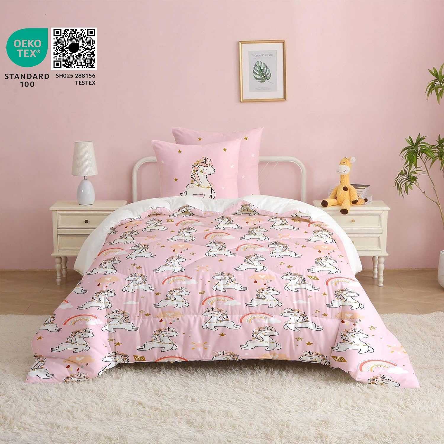 Couette Licorne 2pc Fille Tempérée pour lit 1 Personne-100% Microfibre -Enfant 4 Saisons et 140 x 200 cm+ 1 Taie d'oreiller 65x65 cm - Sac Cadeau