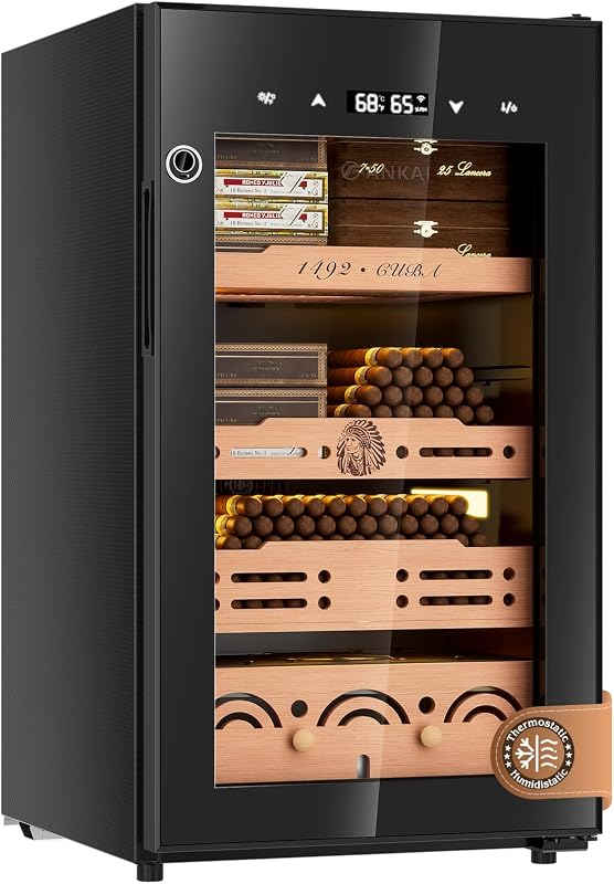 Electric Cigar Humidor Cabinet up to 600 Cigars, Temperature & Humidity Control System-75L Cooling Fridge with Cedar Wood Shelves Digital LED Screen Fingerprint Safety Lock Home & Commercial Use