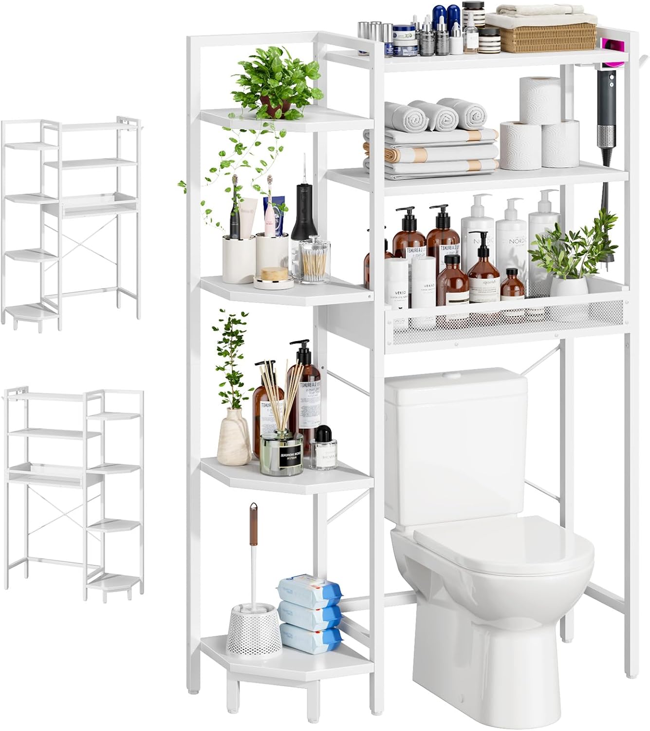K1 Heavy Duty 7-Tier Over The Toilet Storageï¼ˆWith Basket and Paper Hookï¼‰Freestanding Above Toilet Shelf with Adjustable Feetï¼ŒSpace Saver Bathroom Shelves 9.3"D x 33.5"W x 63.8"Hï¼ŒBeige White