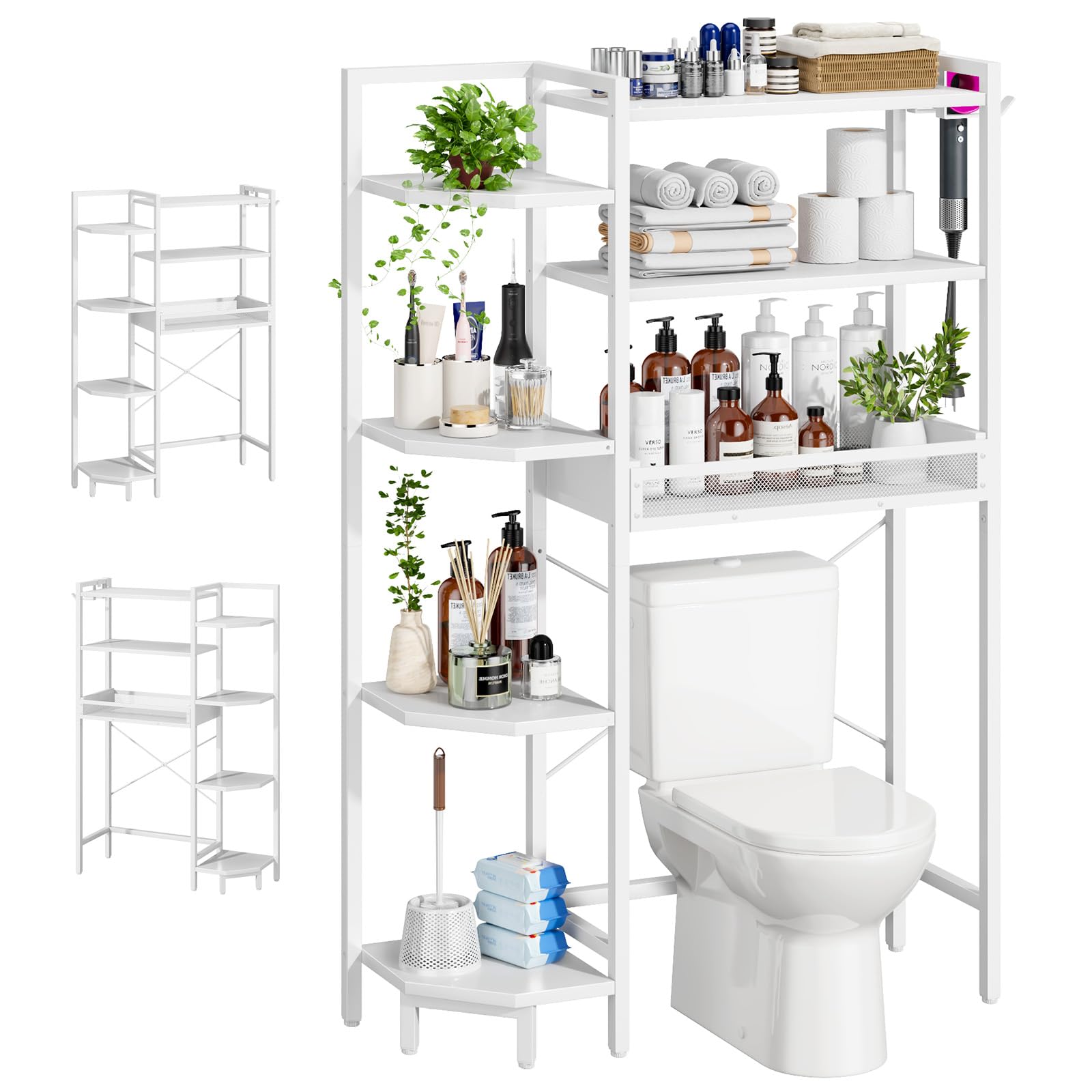 Roxibelt K1 Heavy Duty 7-Tier Over The Toilet Storage（With Basket and Paper Hook）Freestanding Above Toilet Shelf with Adjustable Feet，Space Saver