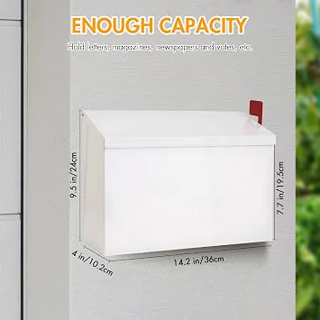Wall Mount Mailbox for Outside with Flag, Galvanized Steel Mail Box for Post Outdoor, Large Capacity Rust-Proof Metal Postbox for House, with 3 Sets Mailbox Numbers, 14.2x9.5x4 White