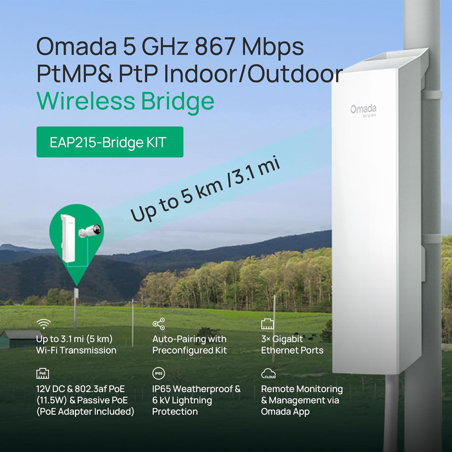 TP-Link Omada Point to Point Wireless Bridge Outdoor - 5GHz, 867Mbps, PtP&PtMP, 5km Range, 3 Gigabit Ports, PoE or DC Powered, IP65 Weatherproof, Preconfigured, Plug&Play(EAP215-Bridge KIT)