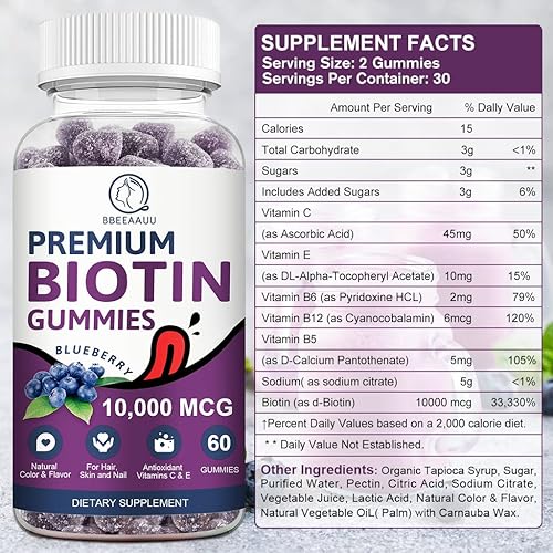 Miniatura 2 de Gomitas de biotina para crecimiento del cabello cabello de biotina crecimiento de piel y uñas 10000 mg de vitaminas gomosas para mujeres hombres y