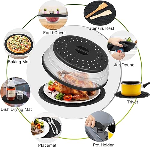 Miniatura 7 de MAGJIUKE Cubierta y alfombrilla de alimentos para microondas de 12 pulgadas, tapa de plato plegable con ventilación grande y alfombrilla de cocina