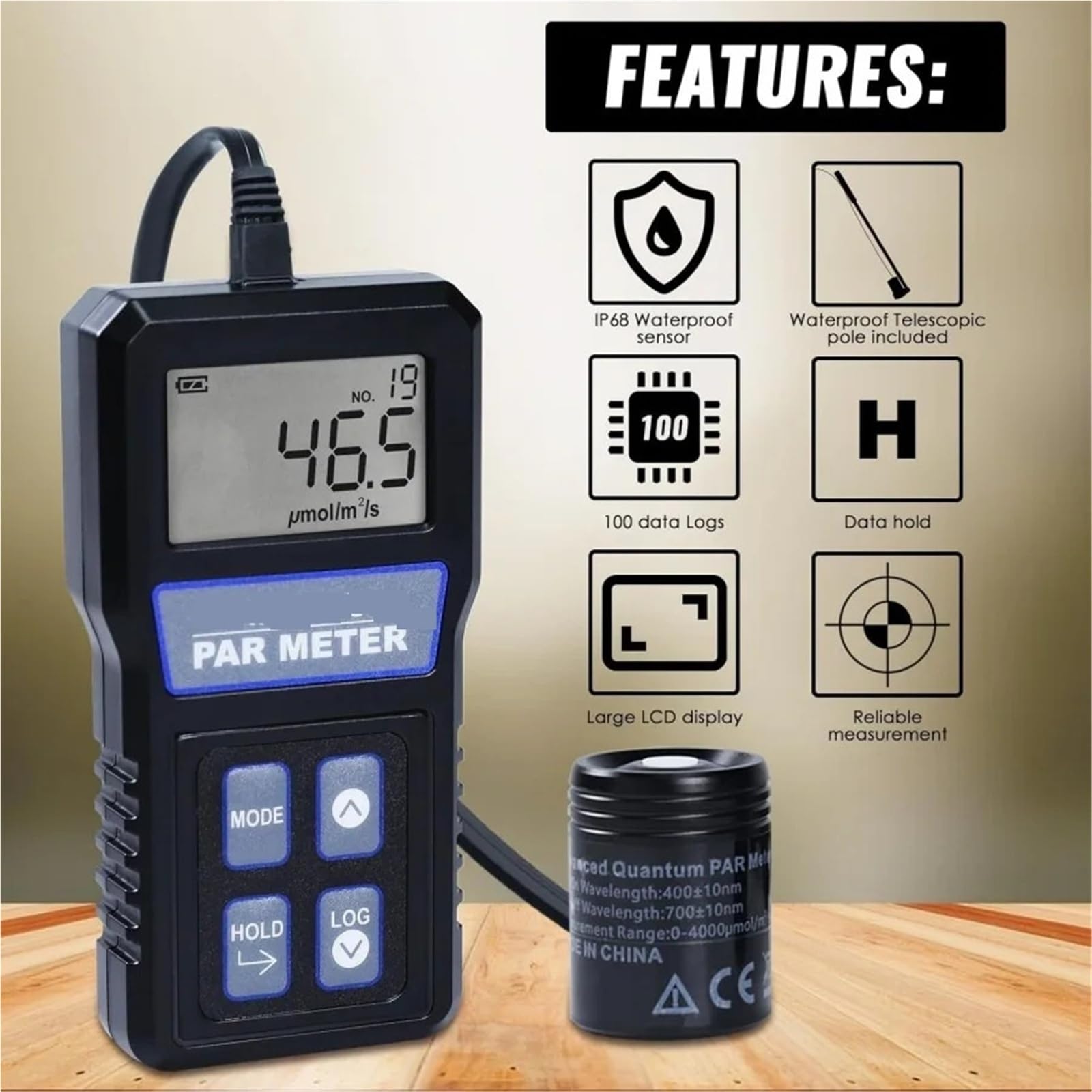 Medidor de Luz, Medidor de flujo dividido con plla Digital, medidor PAR, sonda impermeable IP68, medidor de iluminación espectral