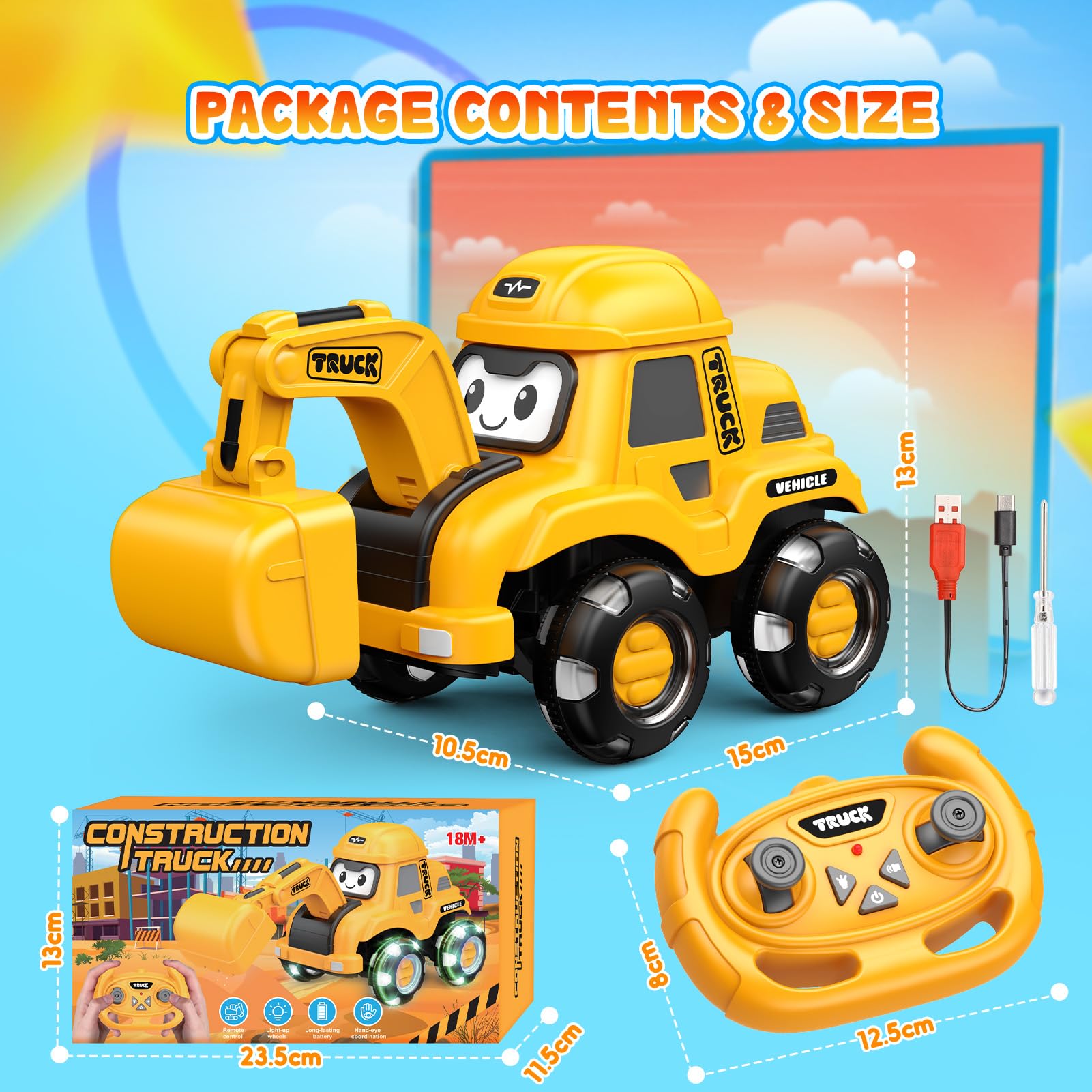 HappyGoLucky Voiture Telecommandé Enfant Jouet Garcon 3-8 Ans, Tractopelle & Pelleteuse Télécommandée avec Lumière et Son, 2.4GHz Camion Telecommande, Voiture Bebe Cadeaux de Noël Enfants