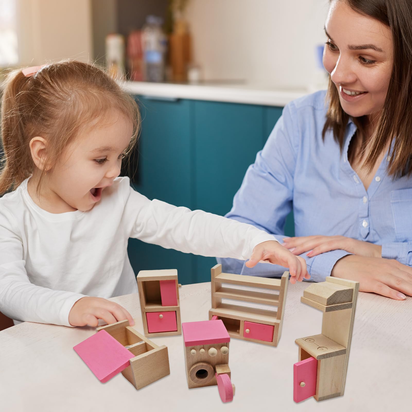 Wooden Doll House Furniture Pretend Play Kitchen Furniture for Kids Childs Gifts Family (Kitchen), Pink, Small - Image 4